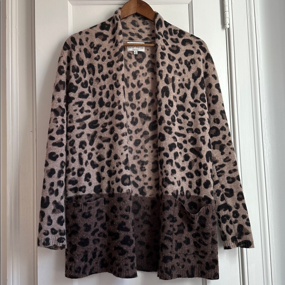 Belle France animal print tan brown cashmere cardigan size medium EUC